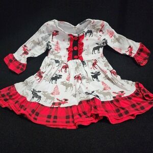 Kids Toddler Girl Moose Buffalo Plaid Ruffle Dress Long Sleeve White Red Size 90
